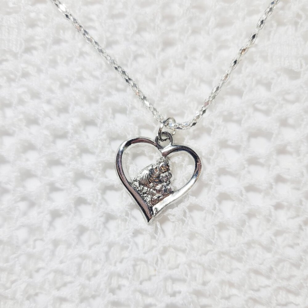 Heart Shaped Religious Silver Saint Anthony Patron Pendant Necklace & Prayer Car